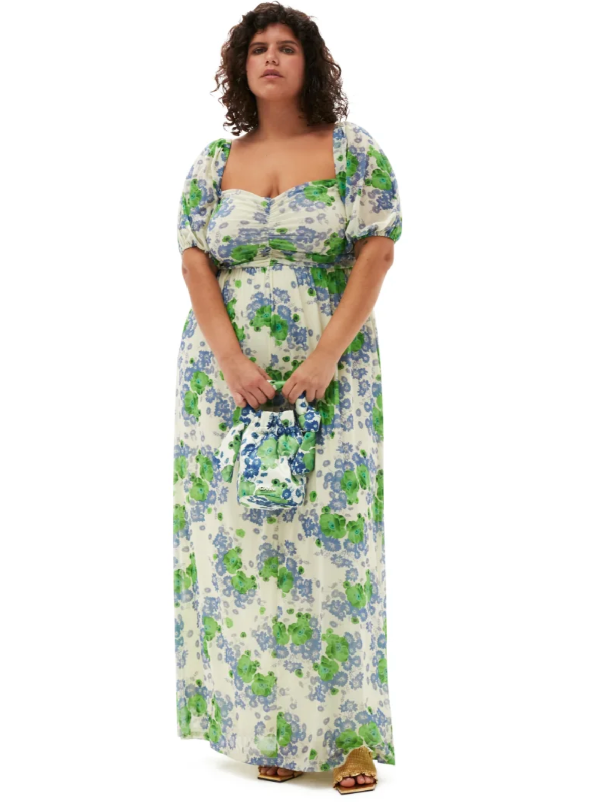 Printed Mesh Puff Sleeves Long Dress, egret