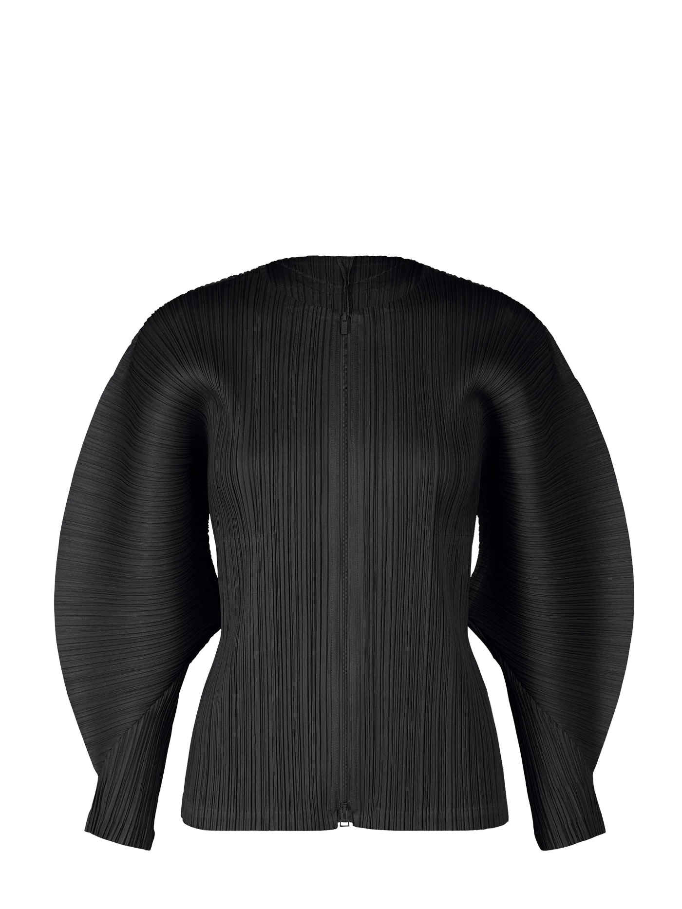 Two-way zip pleated jacket w. rounded sleeves, black