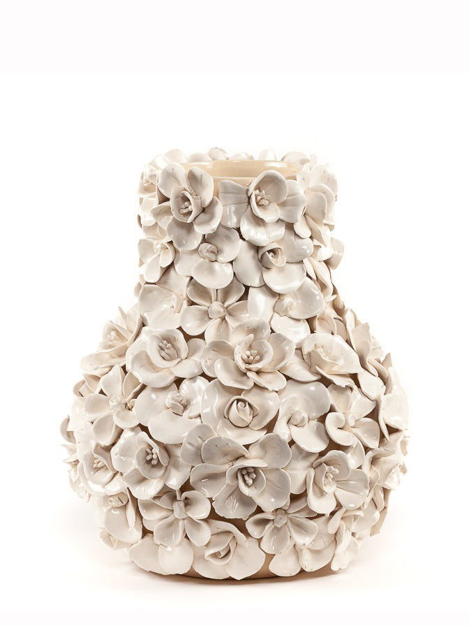 Vase deco with flowers, White (H 29cm)