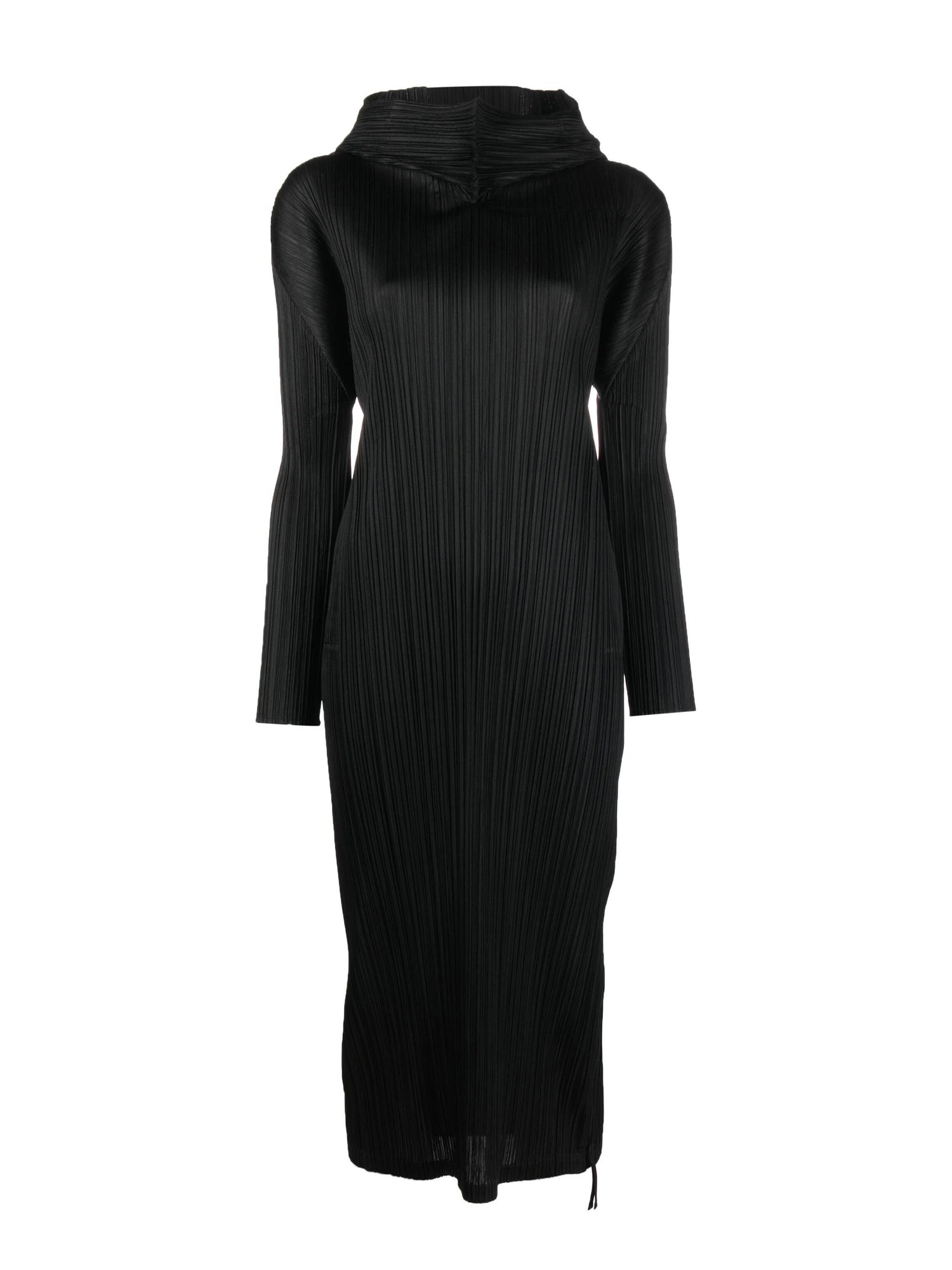 Pleated hooded long-sleeve midi dress, black