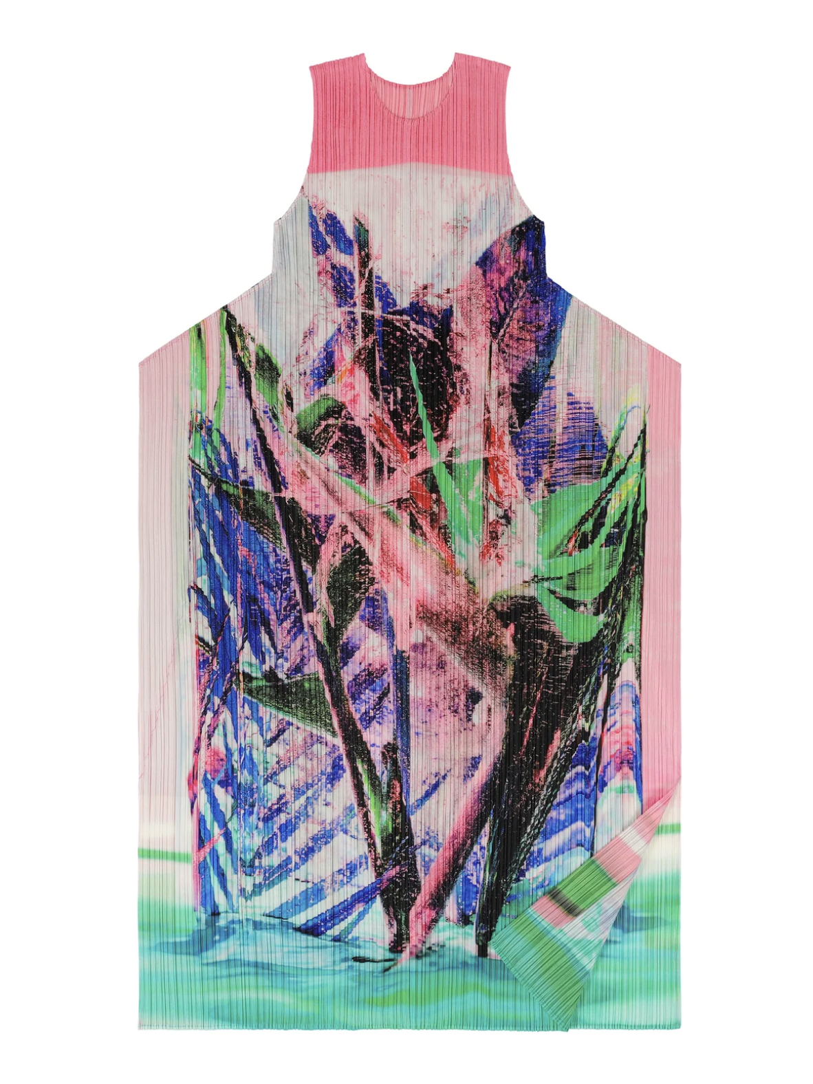 Pleated long dress, pink tropical winter print