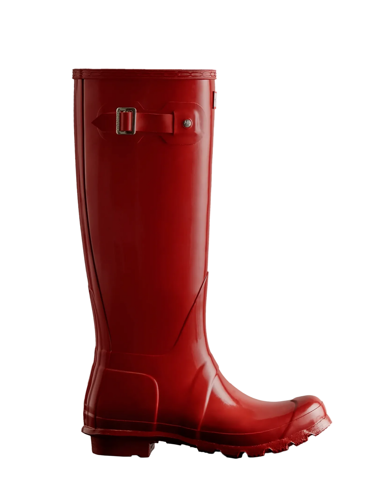 Red rain boot with a buckle on a white background
