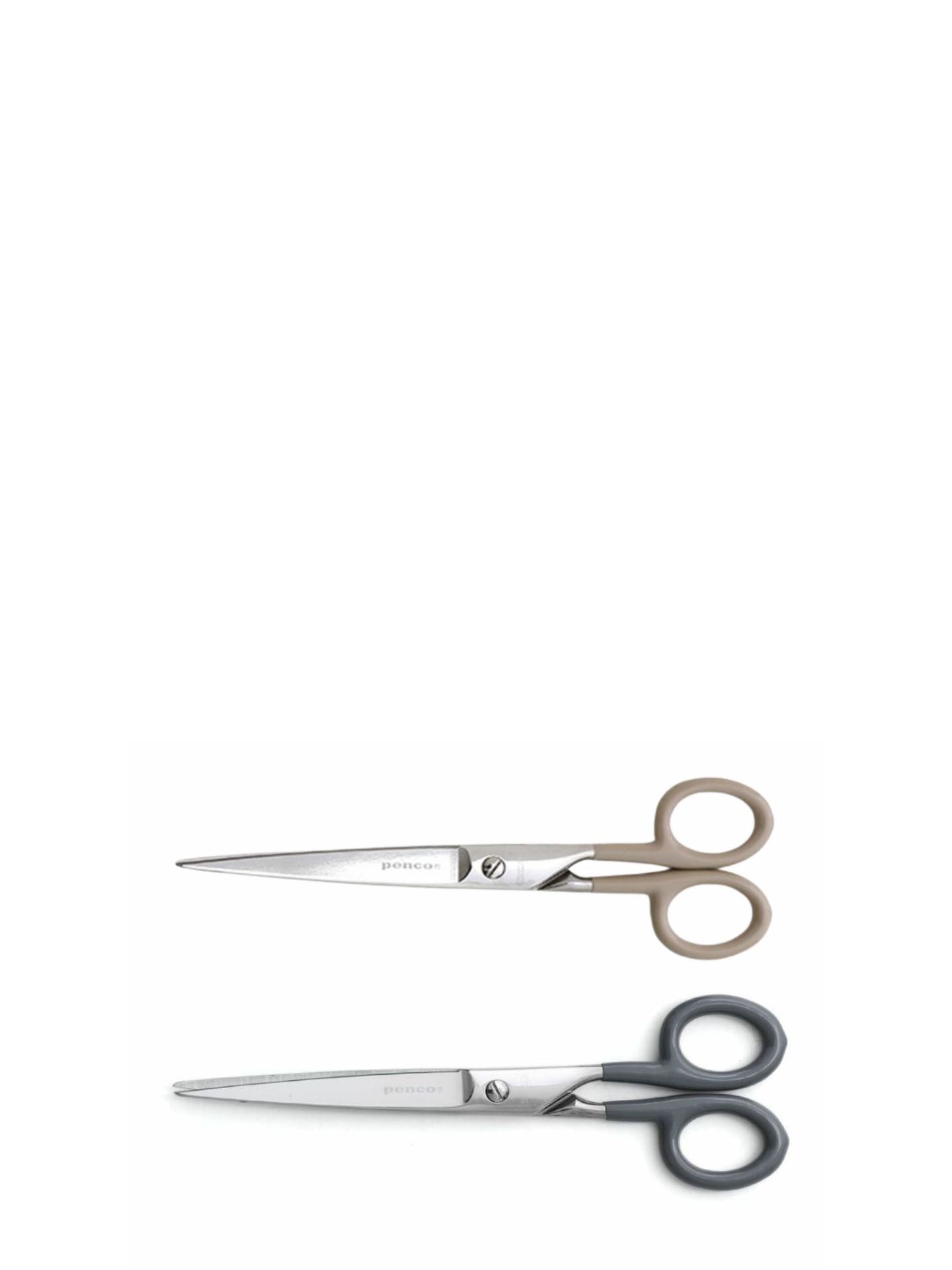 Two pairs of scissors, one with a beige handle and the other with a gray handle, on a white background.