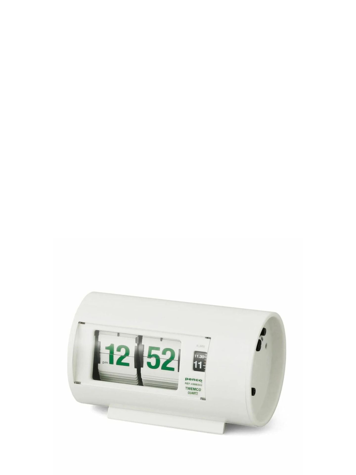 Digital clock with a white casing on a white background