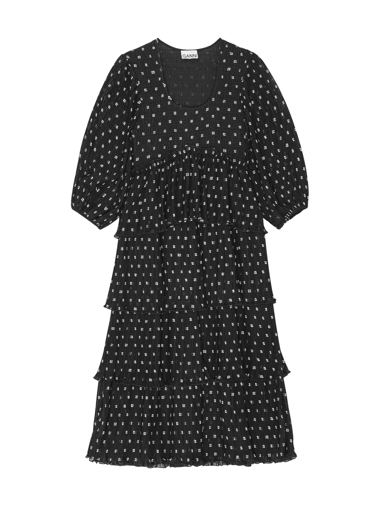 Pleated Georgette Flounce Smock Midi Dress, black