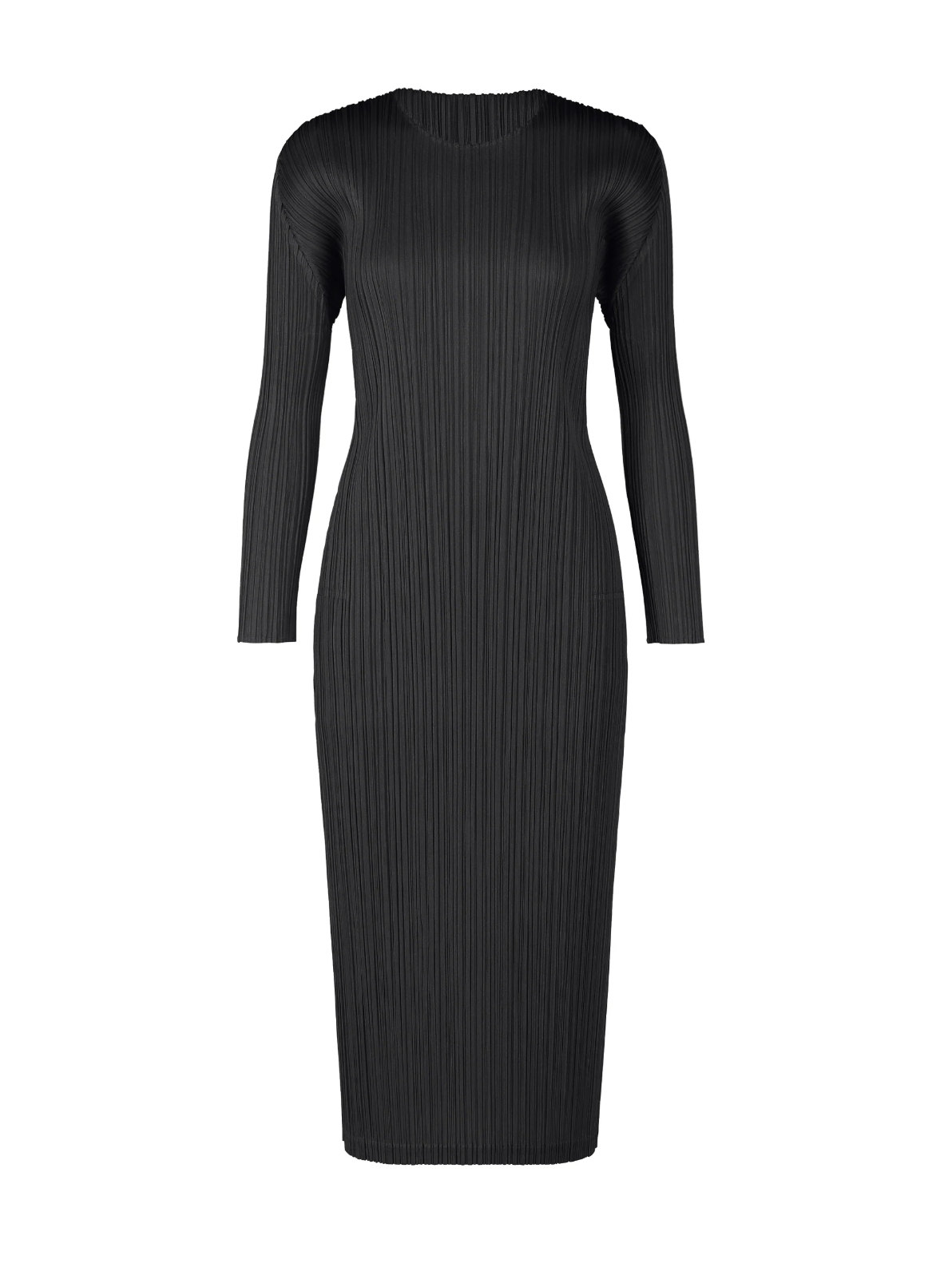 Pleated long-sleeved midi dress, black