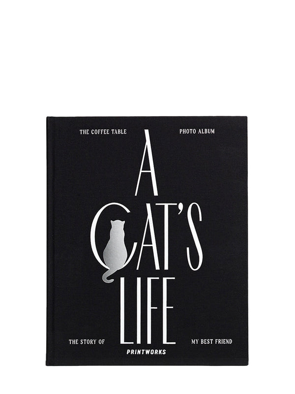 Photo album titled 'A Cat's Life' with a cat illustration on a black background