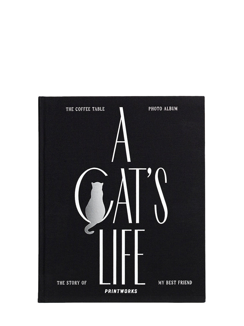 Photo album titled 'A Cat's Life' with a cat illustration on a black background