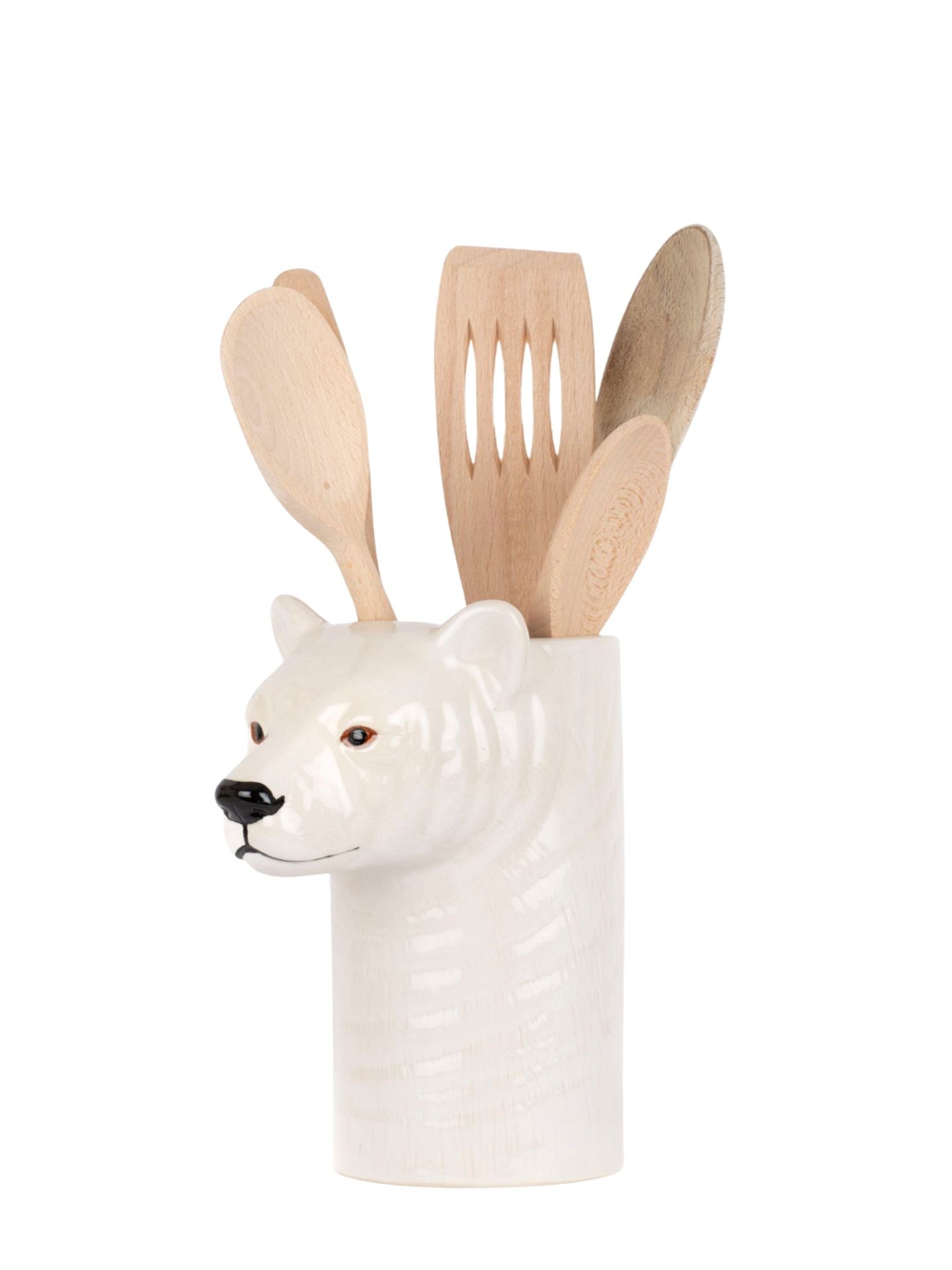 White polar bear ceramic holder shaped like a bear's head with wooden utensils on a white background