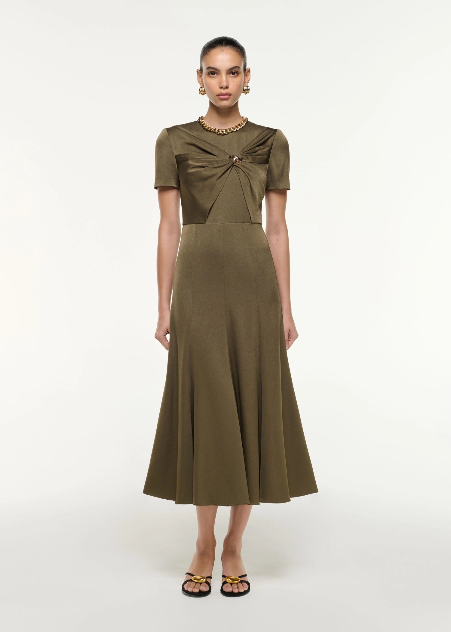 Satin Crepe Drape Midi Dress, khaki