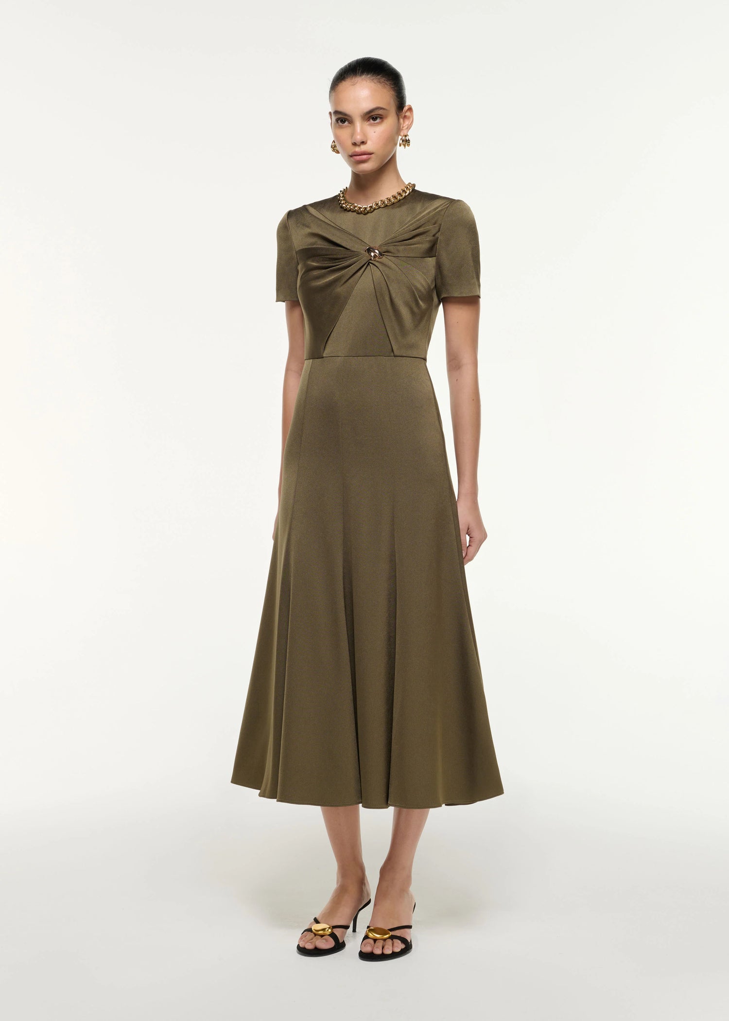 Satin Crepe Drape Midi Dress, khaki