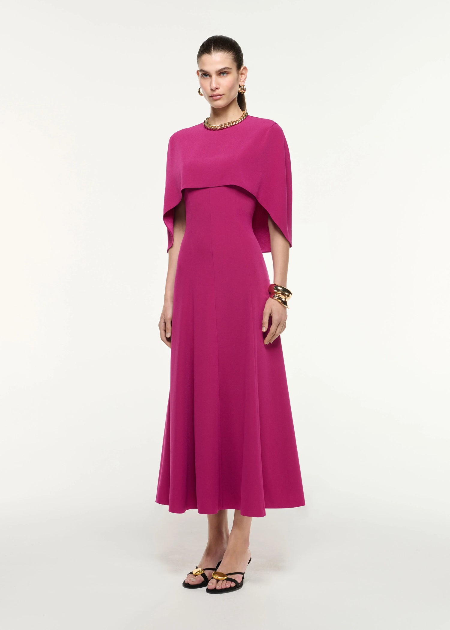 Satin Crepe Cape Midi Dress, dark pink