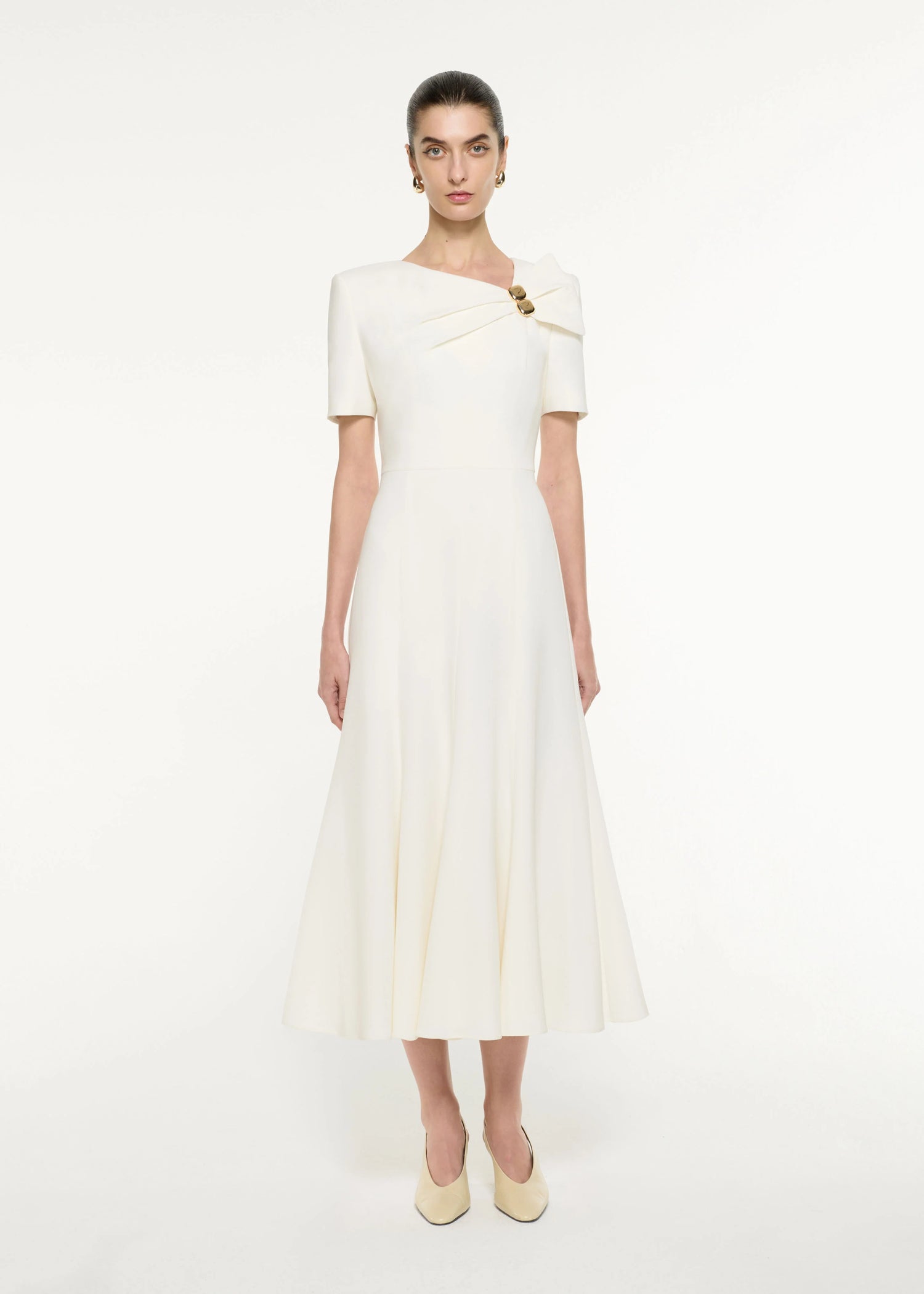 Bow Drape Light Cady Midi Dress, cream
