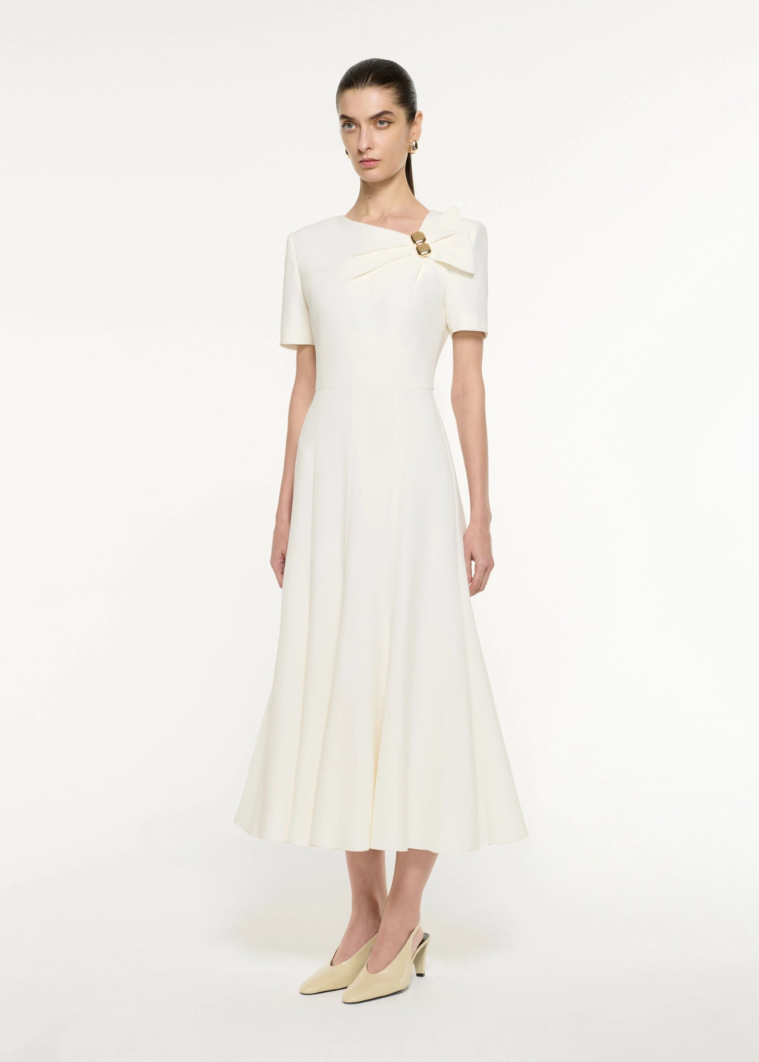 Bow Drape Light Cady Midi Dress, cream