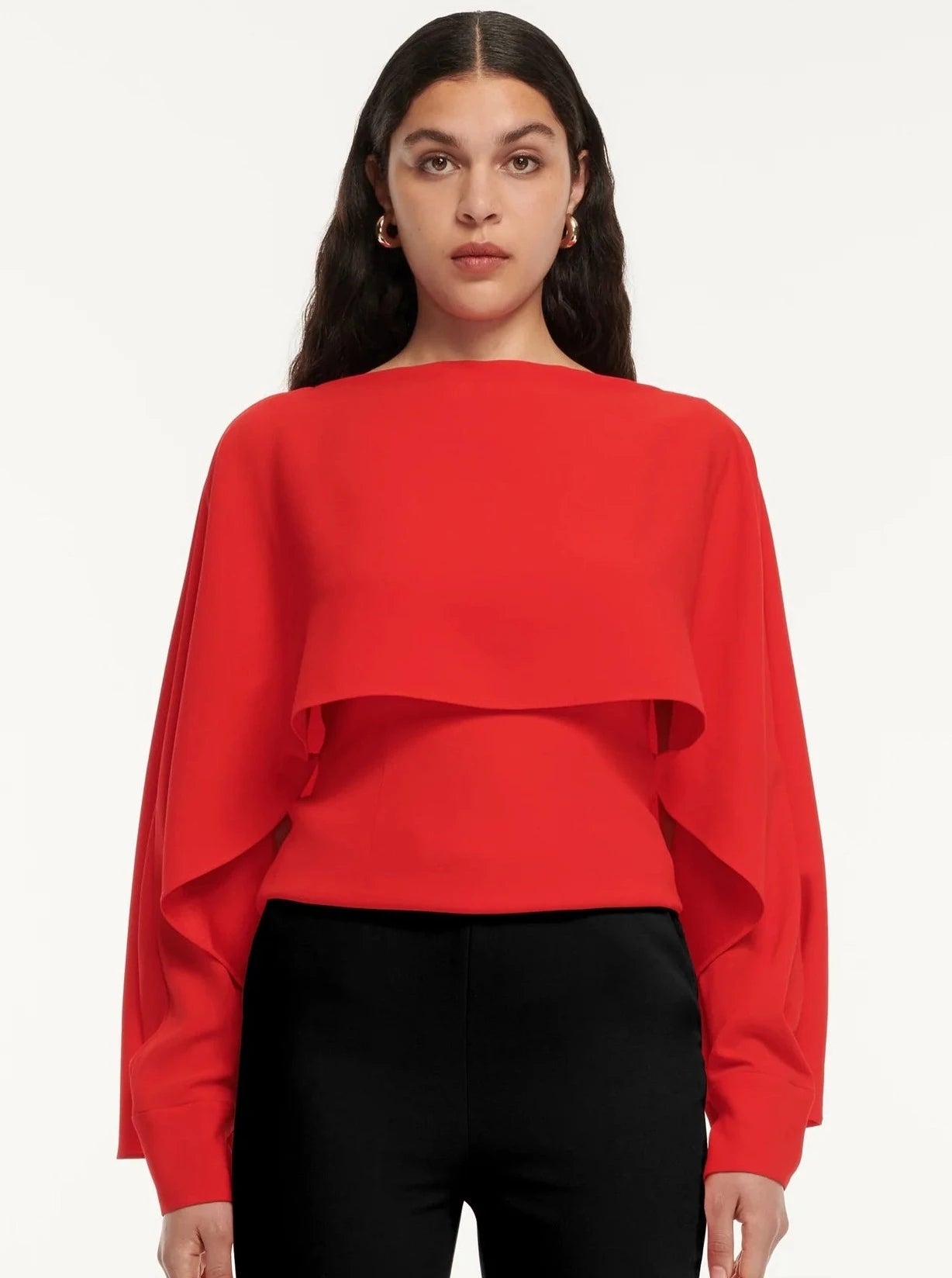 LONG SLEEVE SATIN CREPE TOP, RED