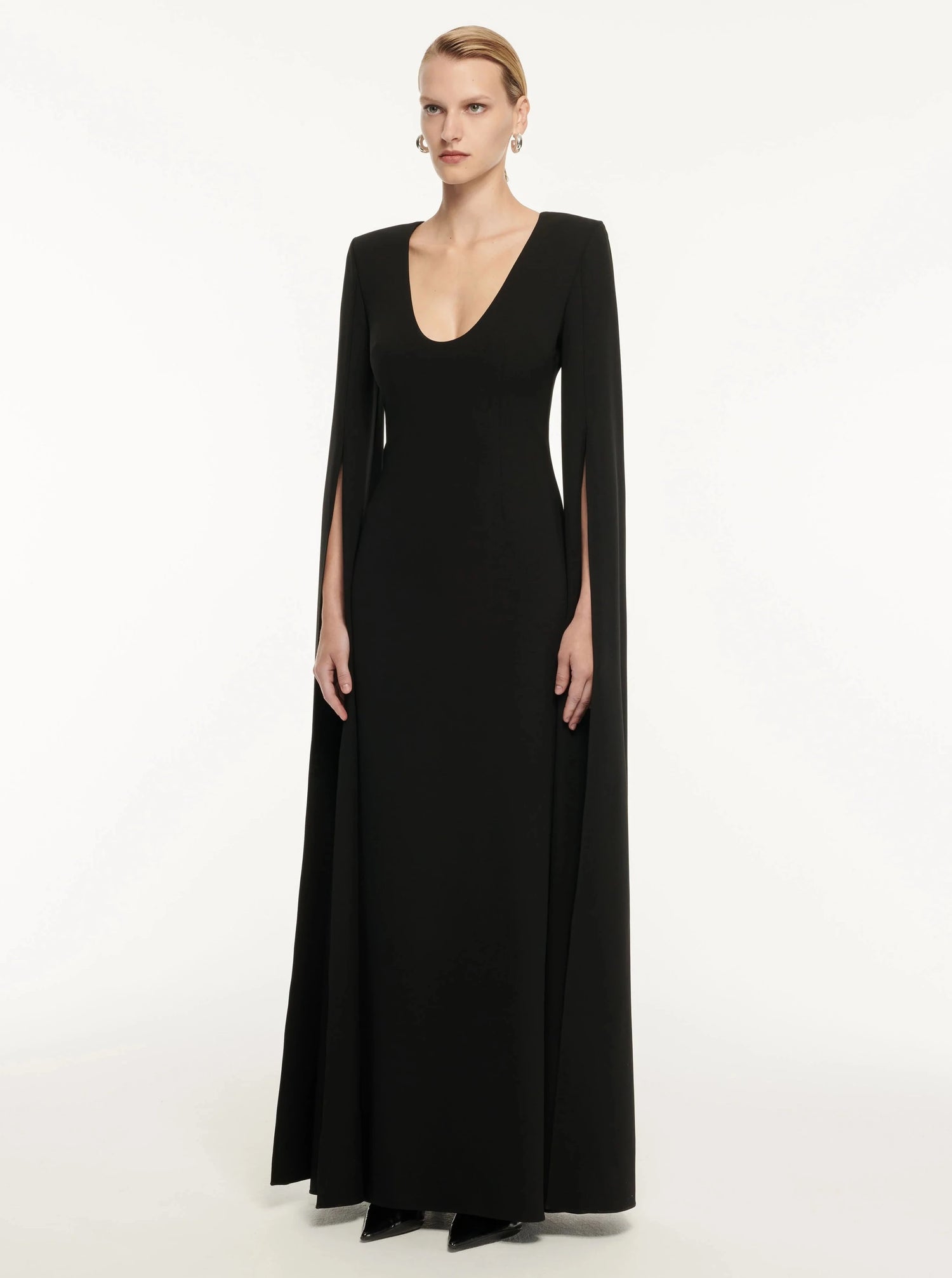 CAPE SLEEVE STRETCH CADY MAXI DRESS, BLACK