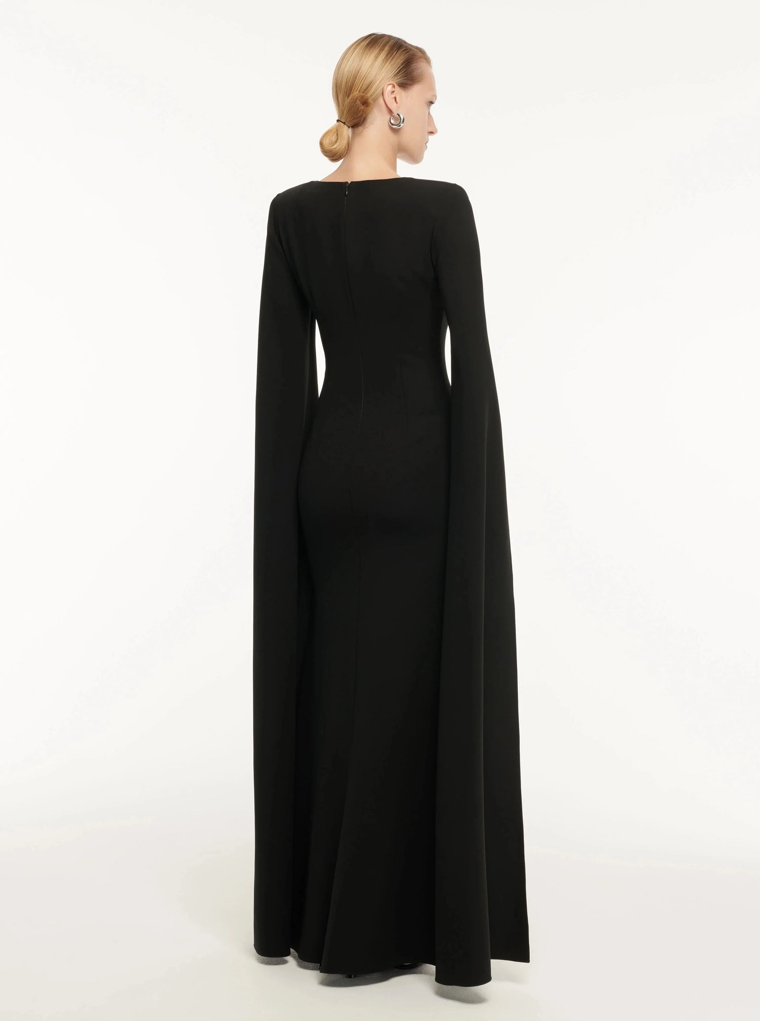 CAPE SLEEVE STRETCH CADY MAXI DRESS, BLACK