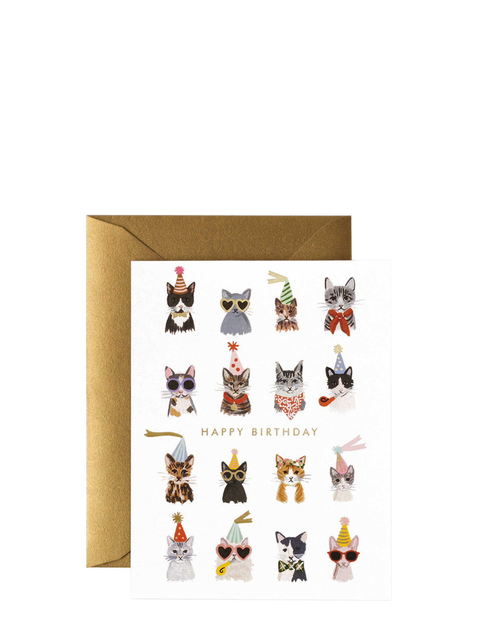 Greeting card with cat illustrations wearing birthday hats and accessories on a white background.