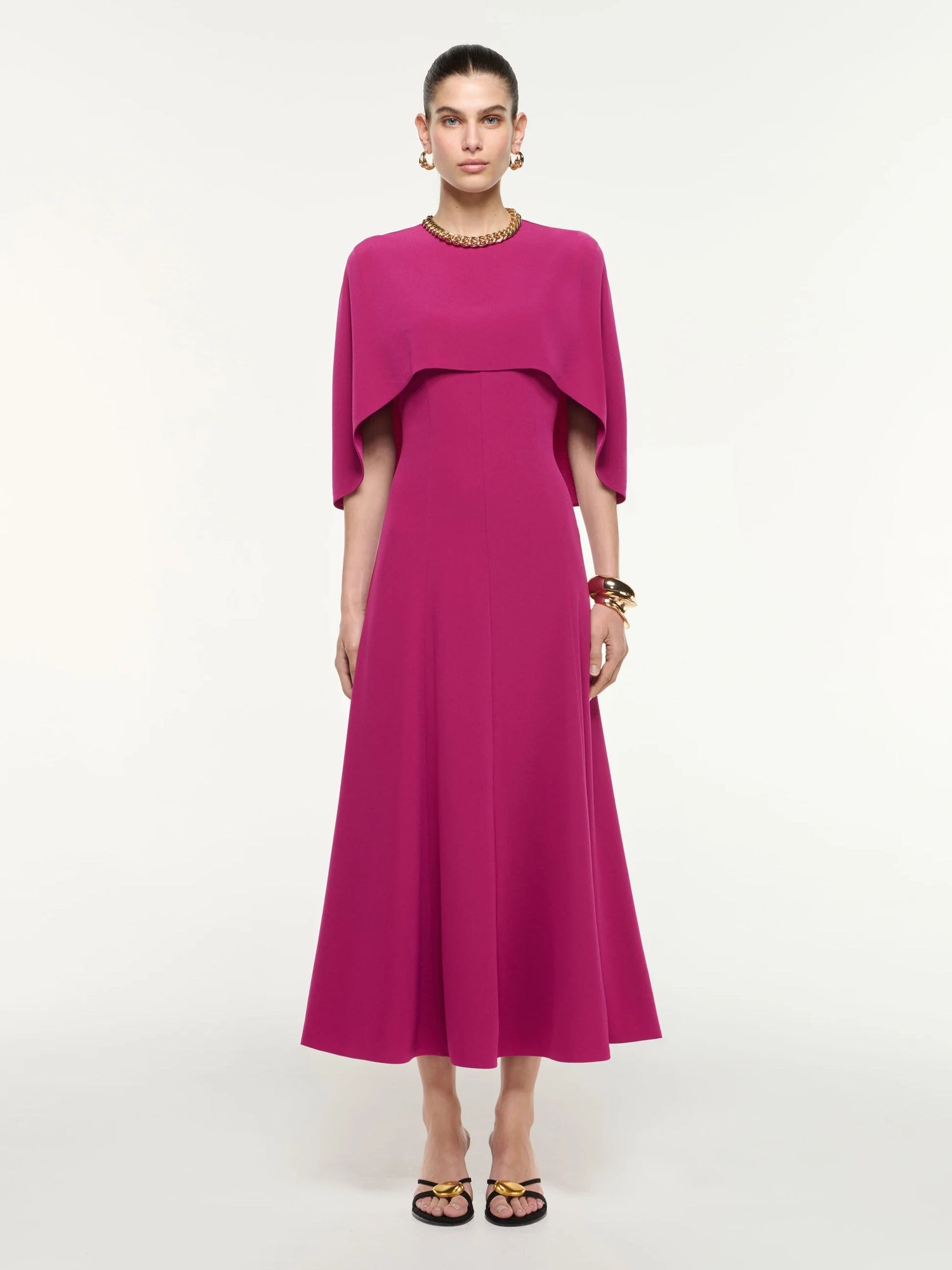 Satin Crepe Cape Midi Dress, dark pink
