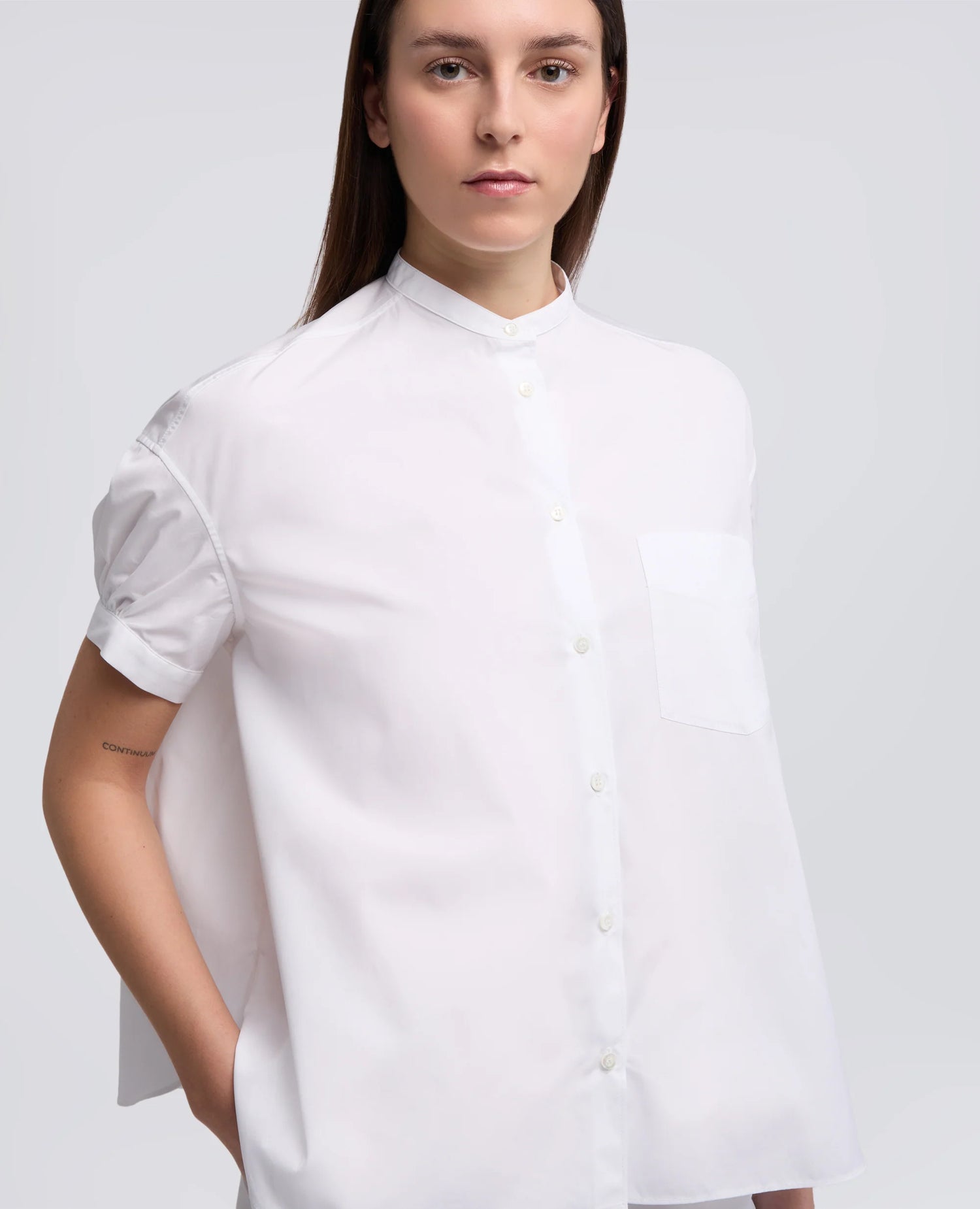 Pure Cotton Poplin Shirt with mandarin Collar, White