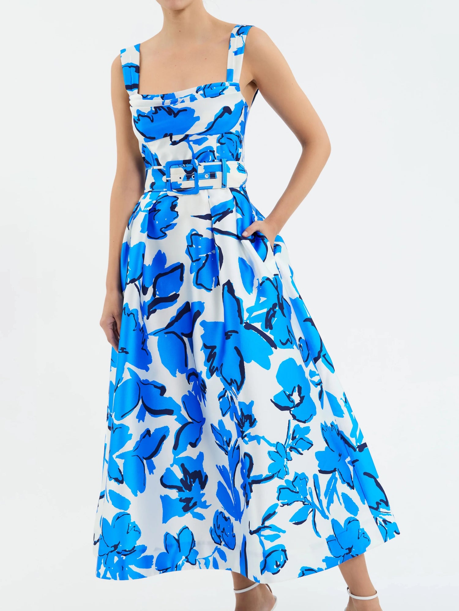 Sapphira midi dress, blue-white print