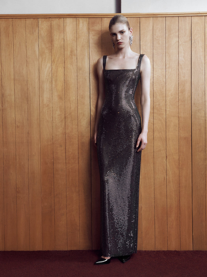 Square neck rhinestone maxi dress, gunmetal