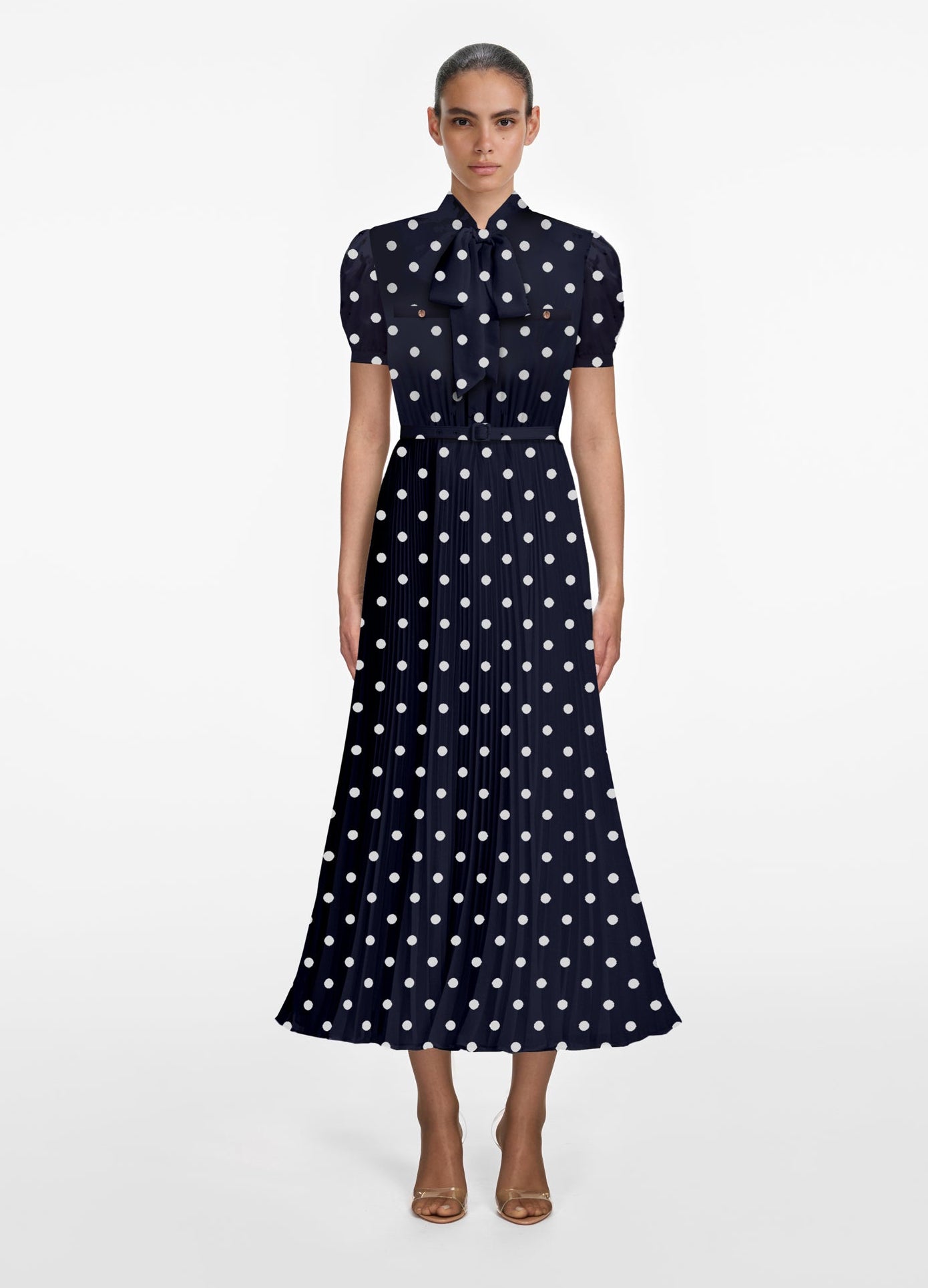 Navy polka dot satin midi dress, navy