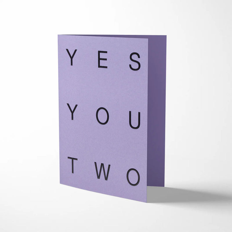 Purple greeting card with 'YES YOU TWO' text on a white background