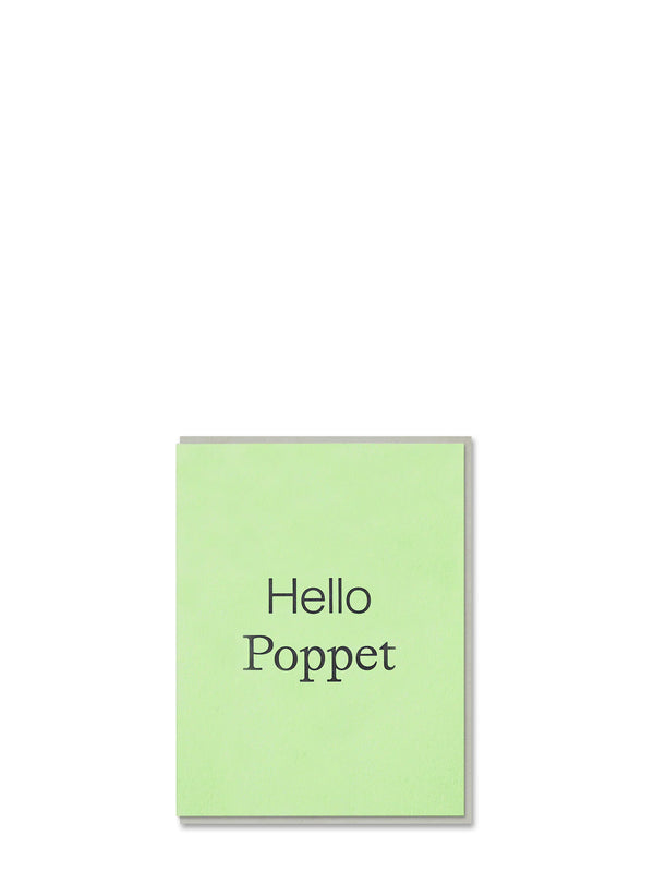 Light green card with 'Hello Poppet' text on a white background