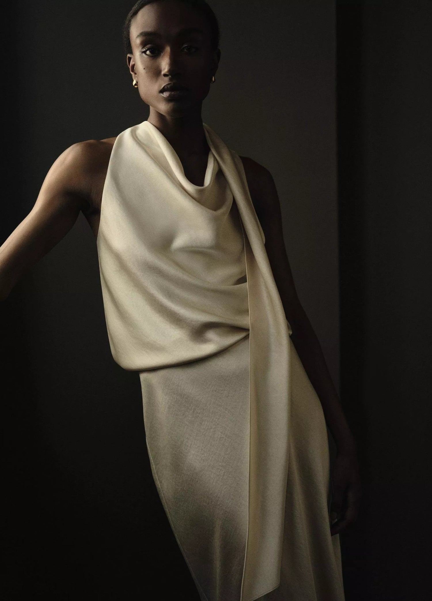 Fluid satin scarf top, cream