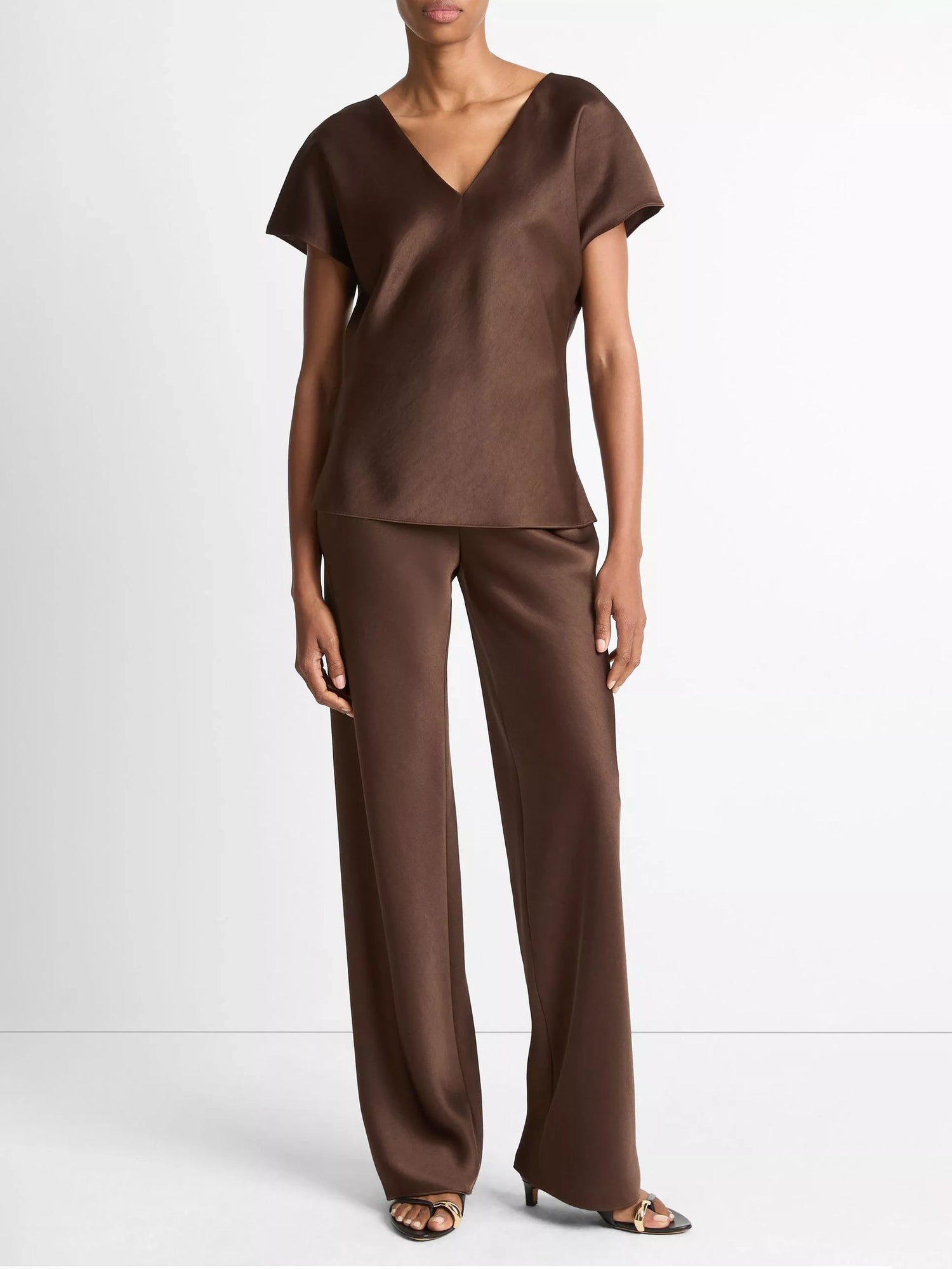 Cap Sleeve V-Neck Blouse, Brown