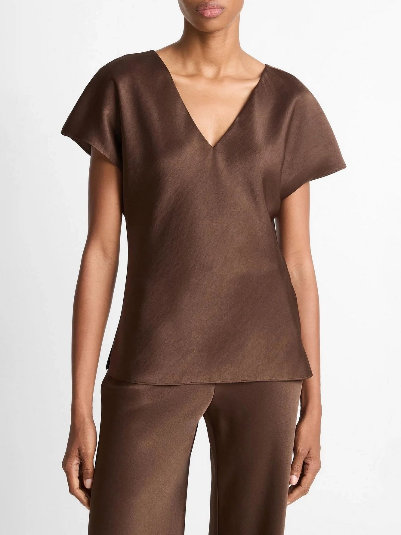 Cap Sleeve V-Neck Blouse, Brown