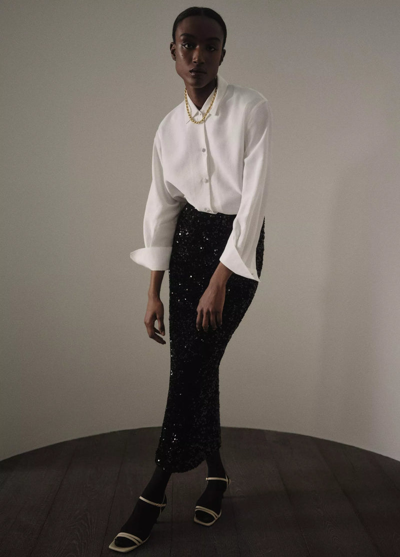 Sequins on velvet column maxi skirt, black