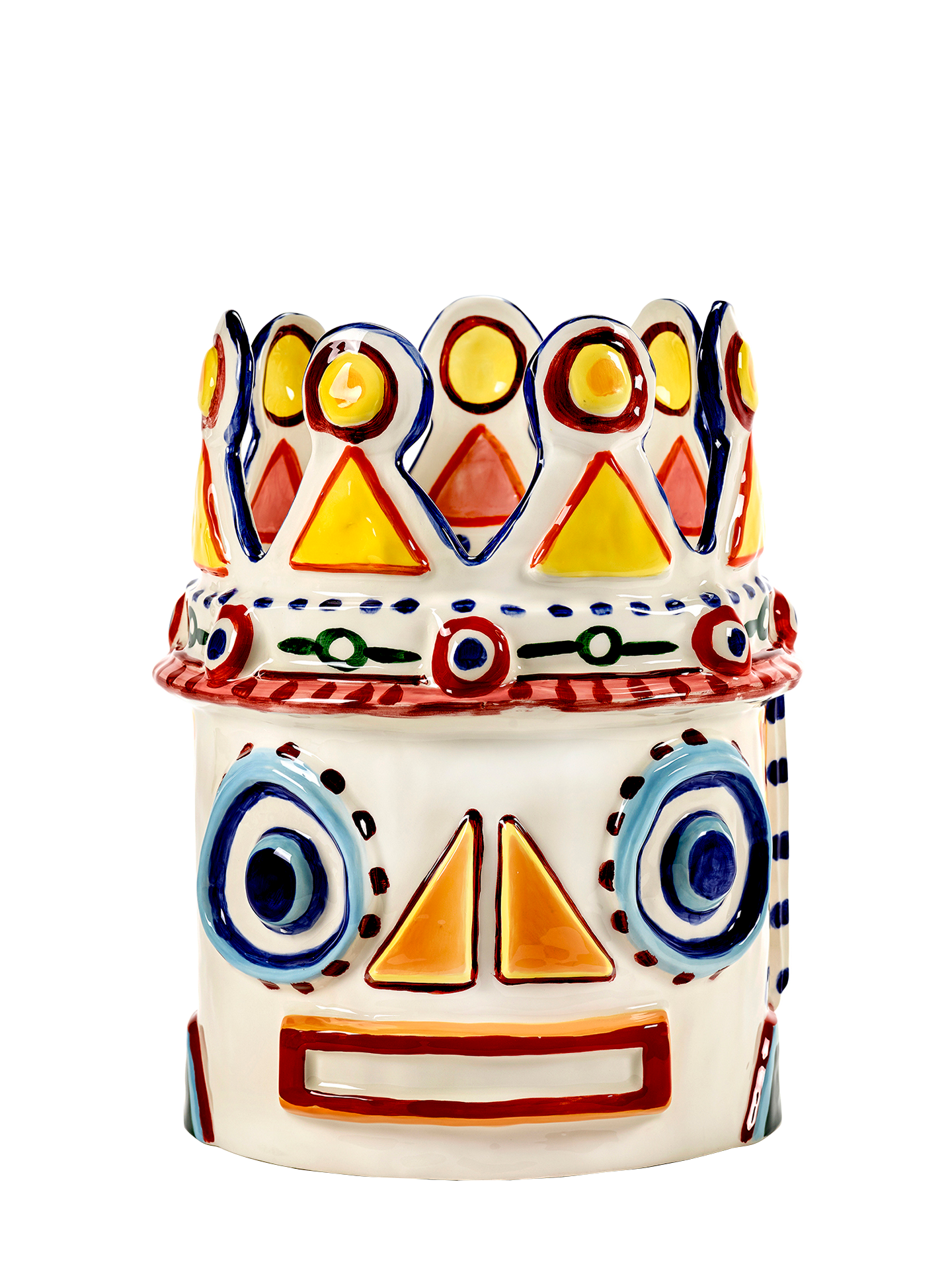 A colorful hand-painted ceramic vase with geometric patterns and a whimsical face design. King vase.
