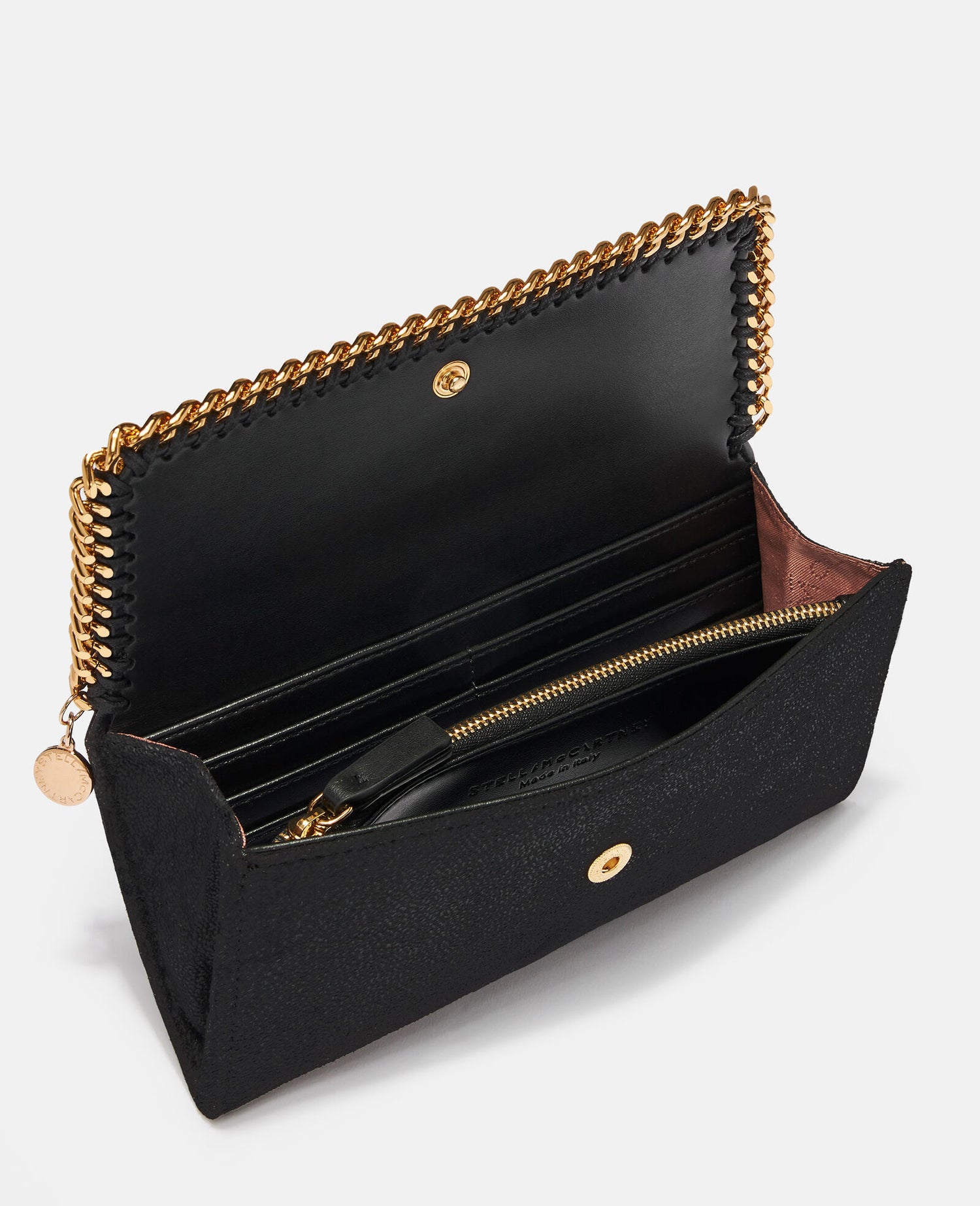 Falabella Continental Flap Wallet w/gold chain, black
