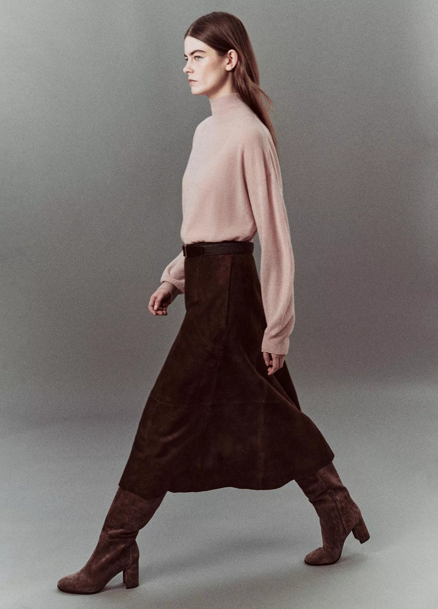 Suede Mid-Rise Flared Skirt, Brown