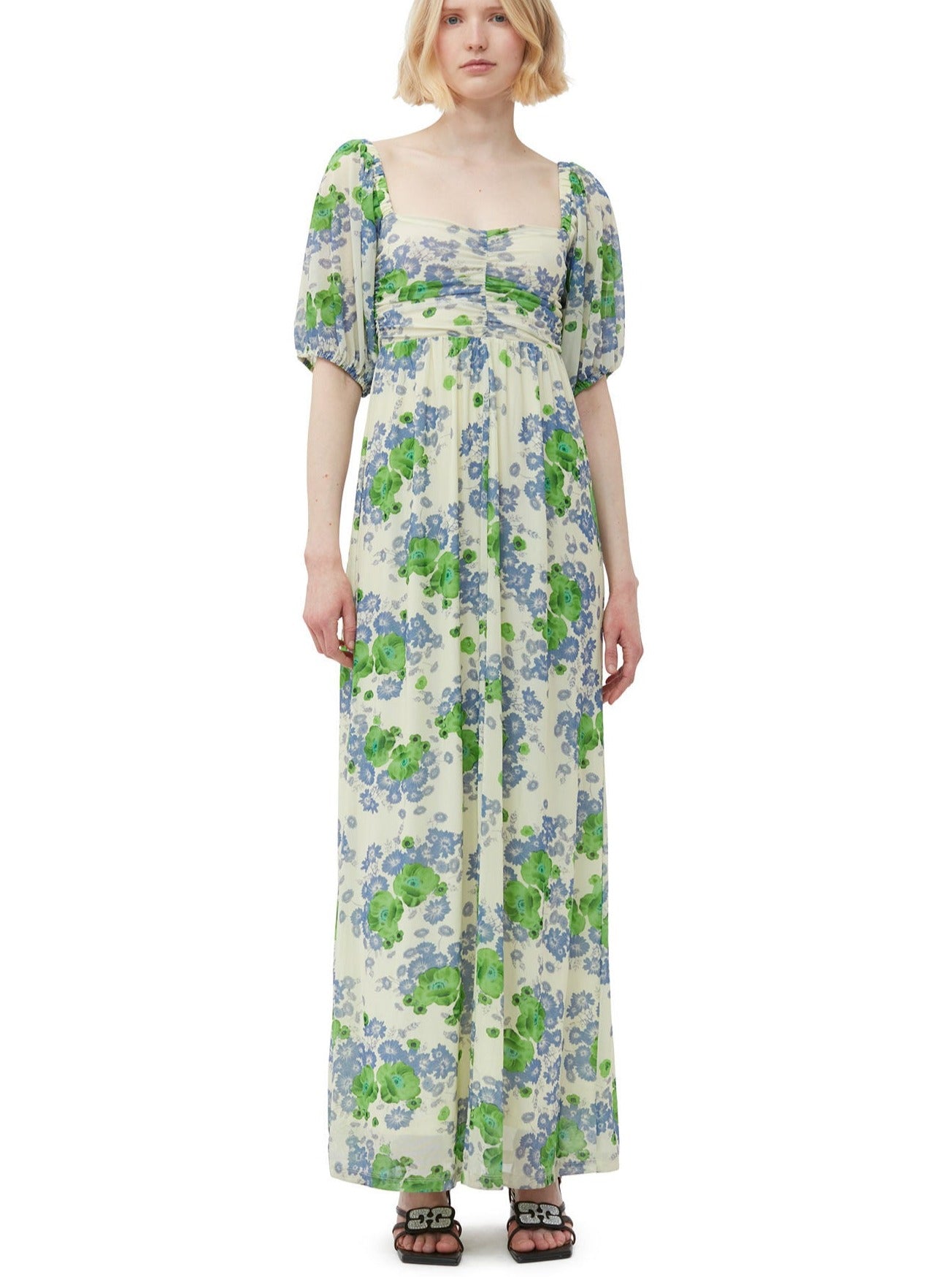 Printed Mesh Puff Sleeves Long Dress, egret