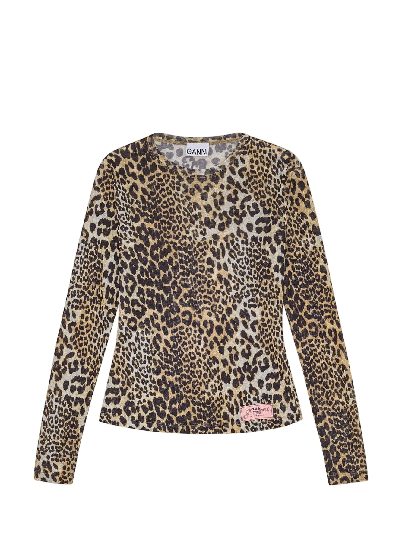 Leopard print long-sleeve mesh top with 'Ganni' branding on a white background