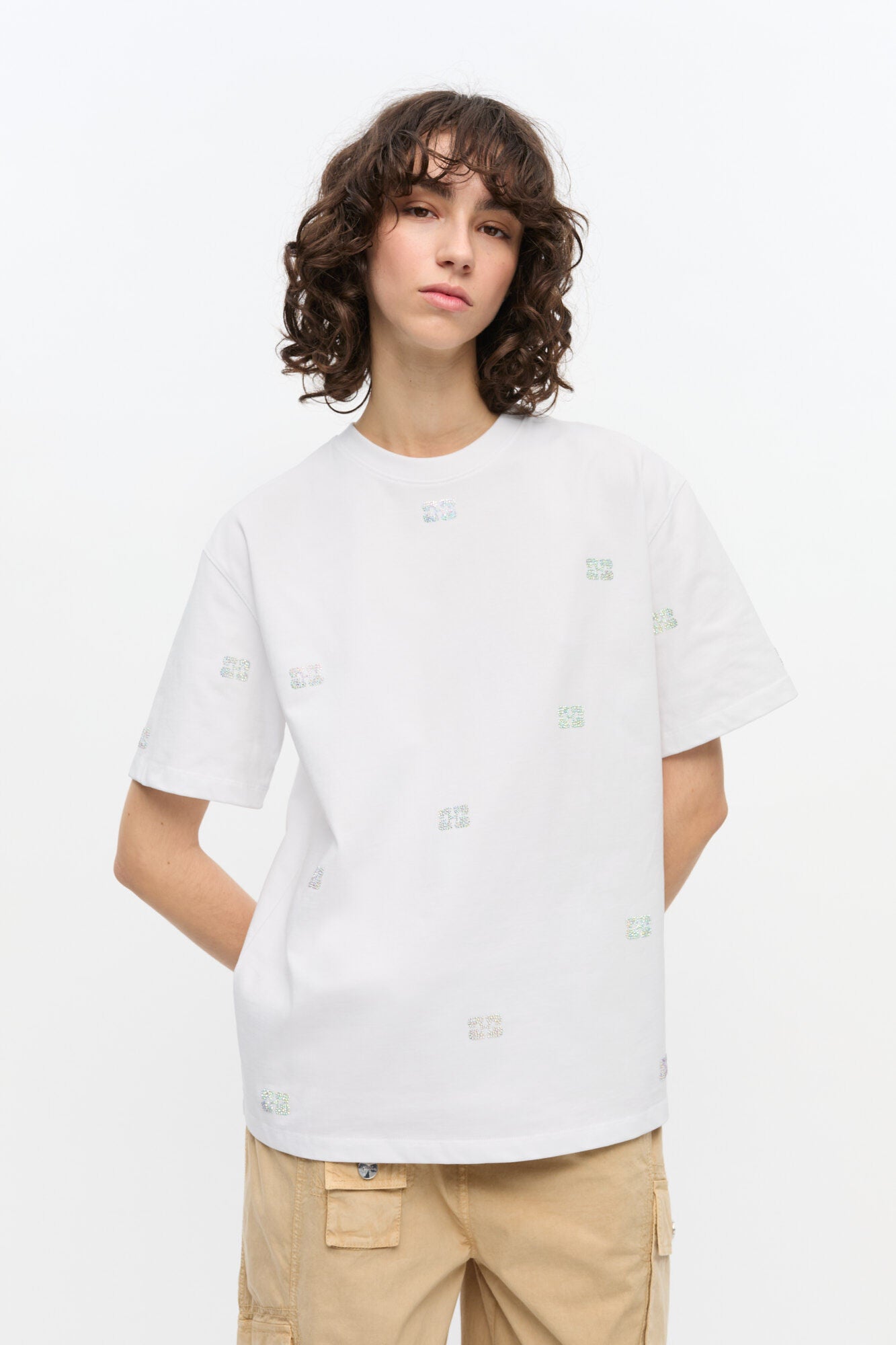 Drop shoulder rhinestone heavy cotton t-shirt, white