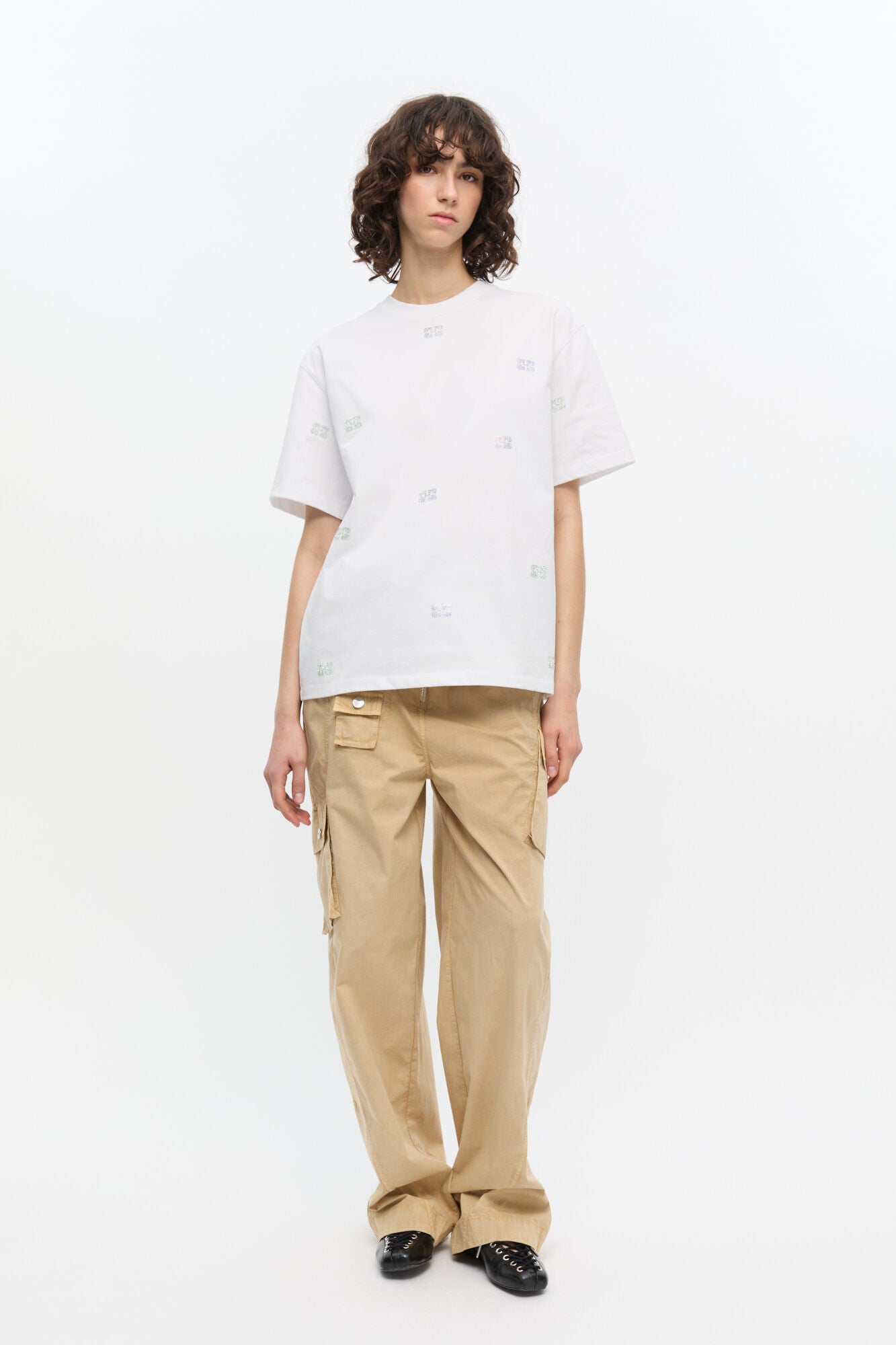 Drop shoulder rhinestone heavy cotton t-shirt, white