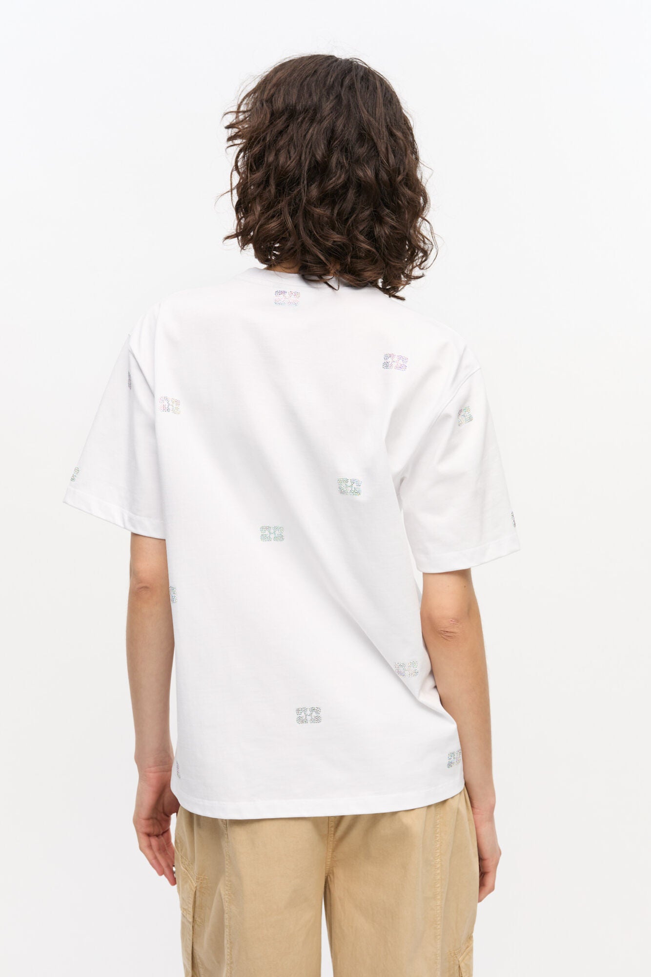 Drop shoulder rhinestone heavy cotton t-shirt, white