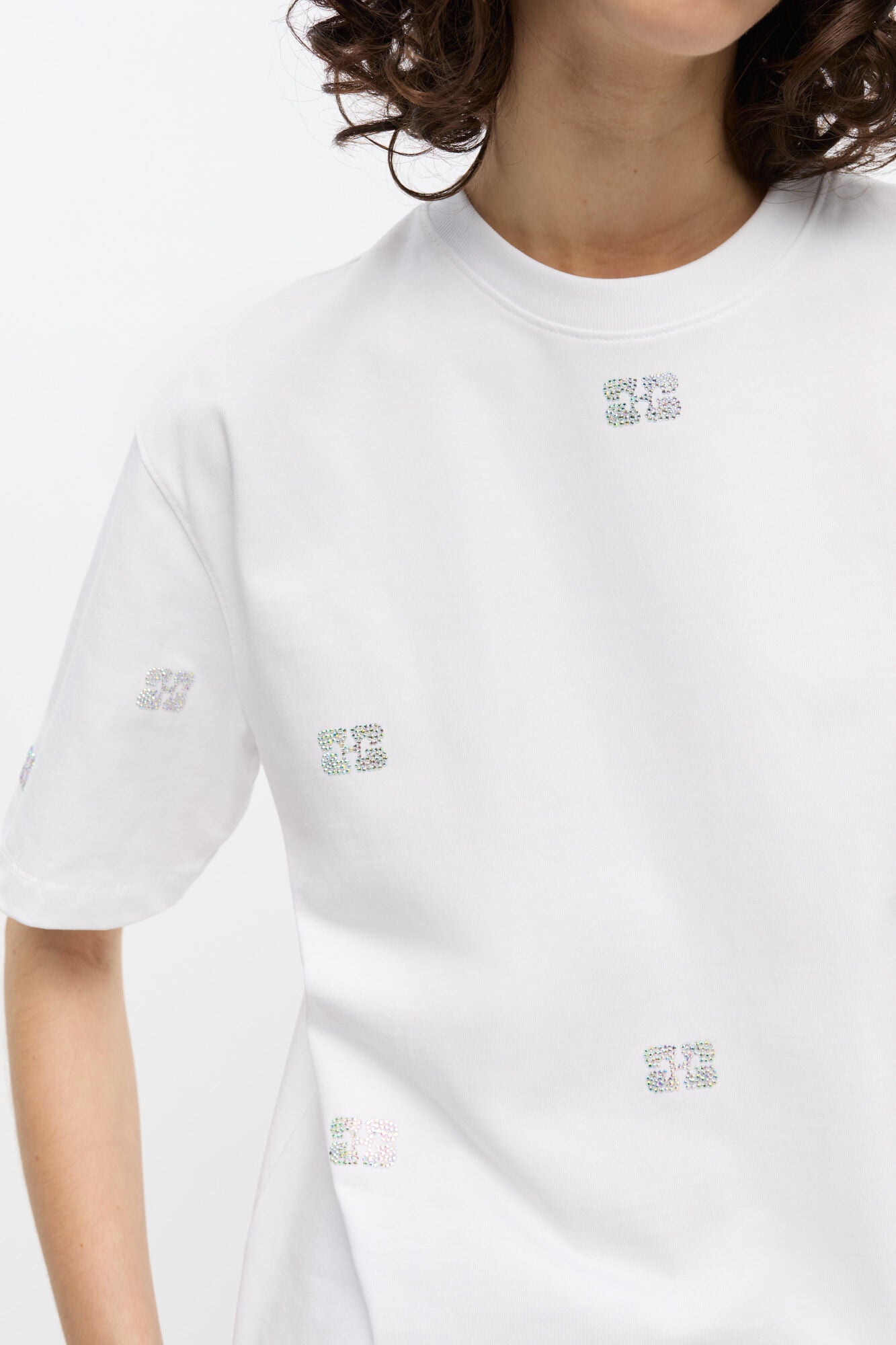 Drop shoulder rhinestone heavy cotton t-shirt, white