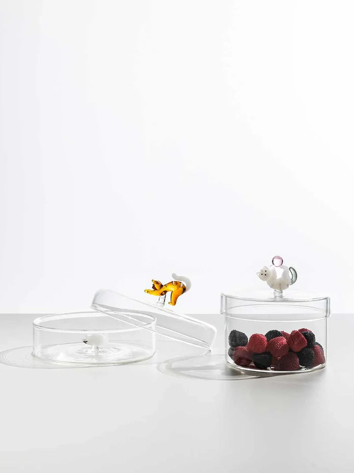 Cat with pink ball glass jar, Tabby cat collection