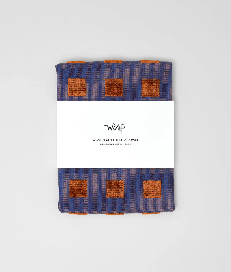 Squares terry tea towel, burgundy/blue