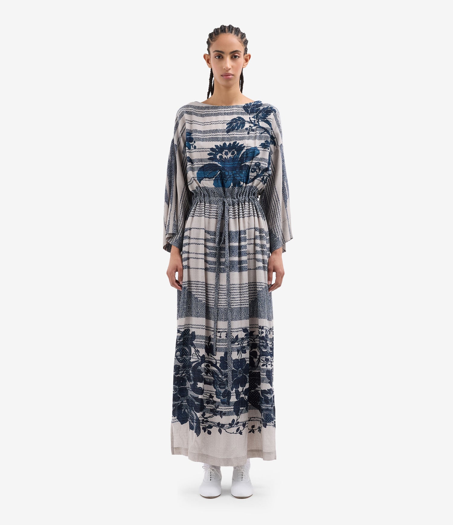 Tetris belted kaftan silk dress, indigo floral print