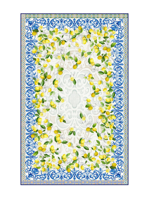 Decorative tablecloth with lemon pattern and blue border
