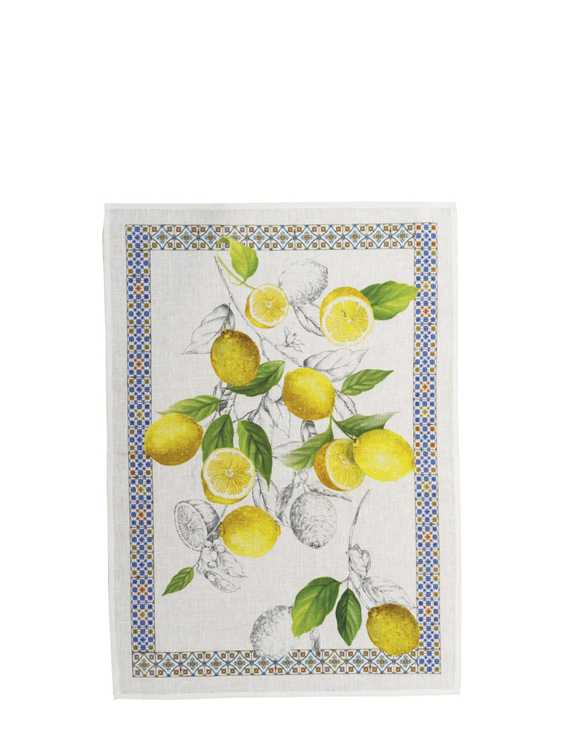 Tea towel with lemon design on a white background