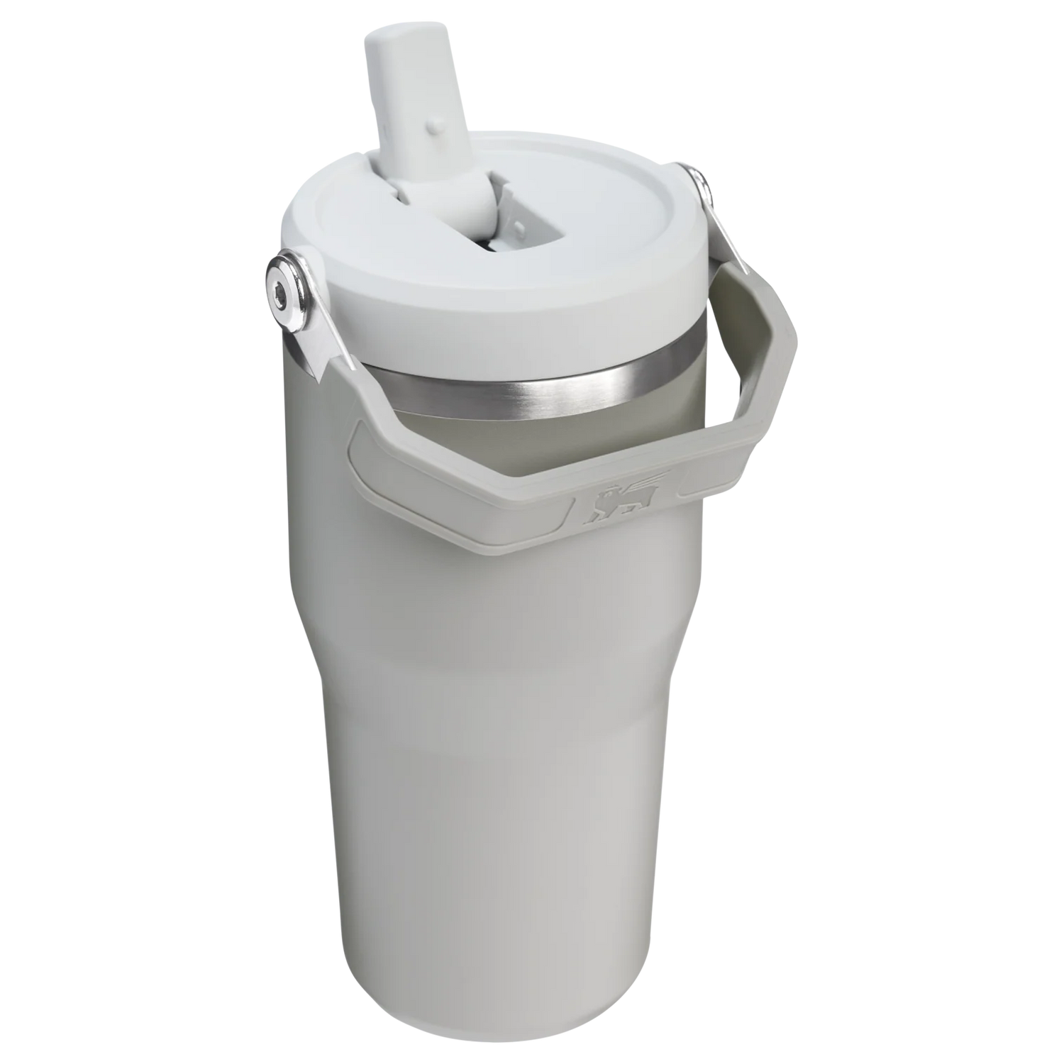 White water bottle with a silver cap and straw on a white background