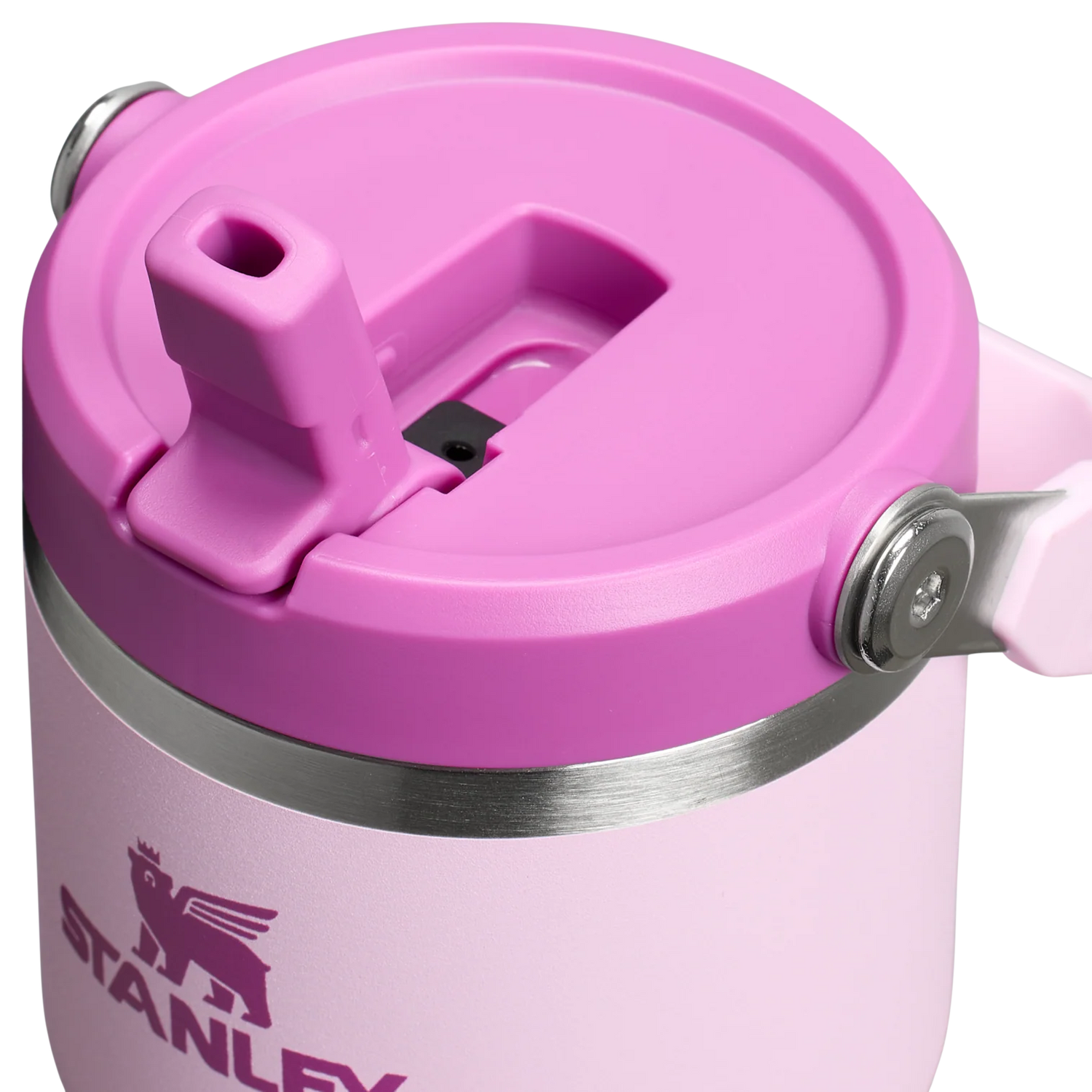 Pink Stanley mug with a lid on a white background