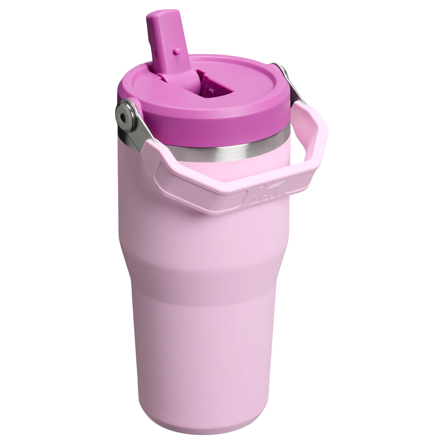 Pink water bottle with straw lid on a white background